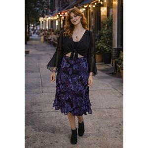Whimsigoth Fairy Chicos Y2K Purple Black Silk Floral Ruffle L 12/14 Maxi Skirt
